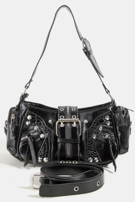 Rivet Detail Leather Shoulder Bag