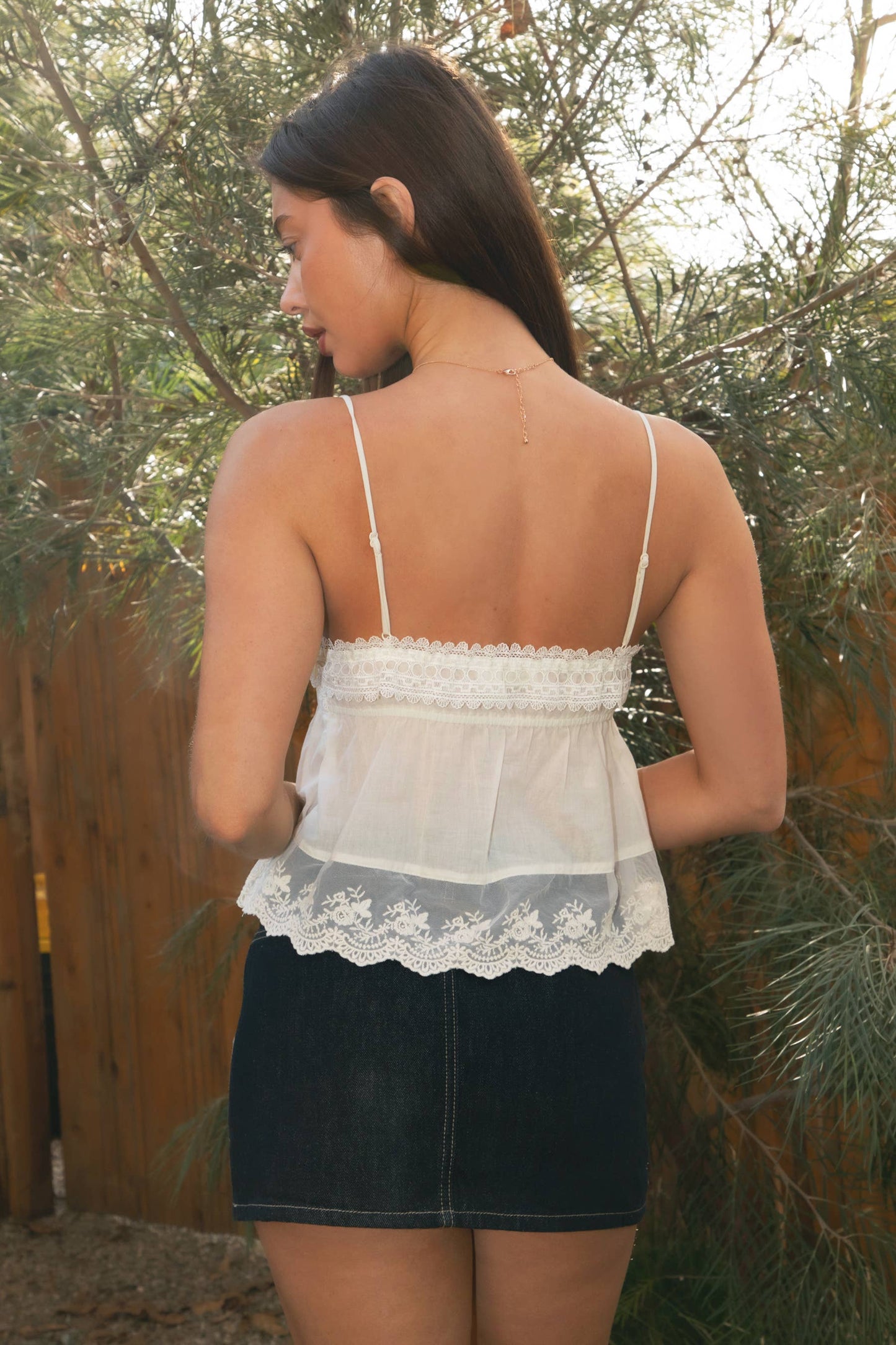 Babydoll Embroidered Mesh Lace Trim V-Neck Cami Top