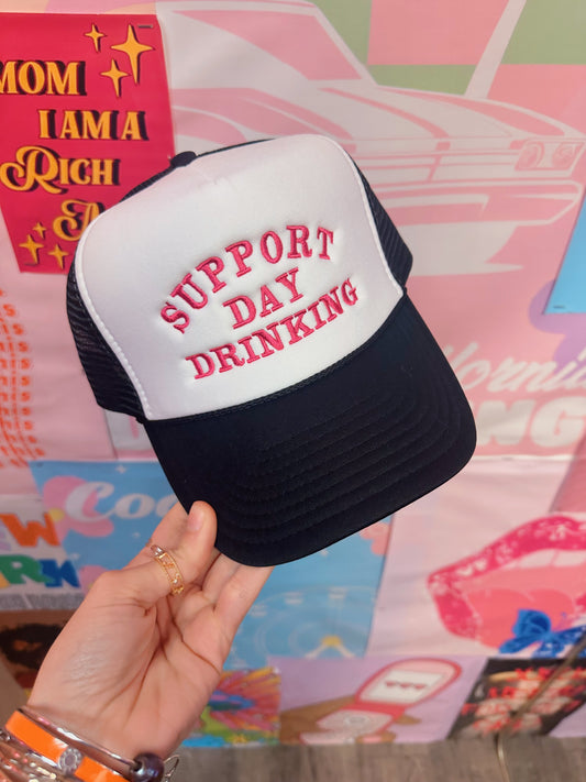 Support Day Drinking Trucker Hat: Black/Pink