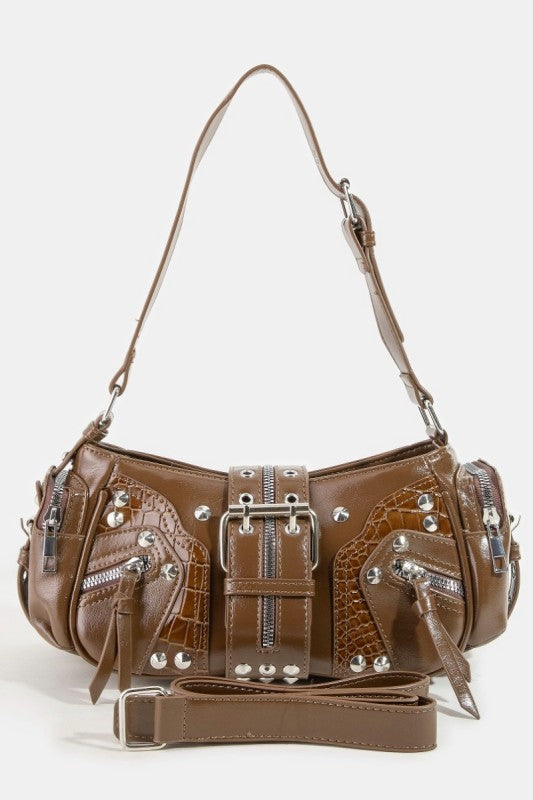 Rivet Detail Leather Shoulder Bag