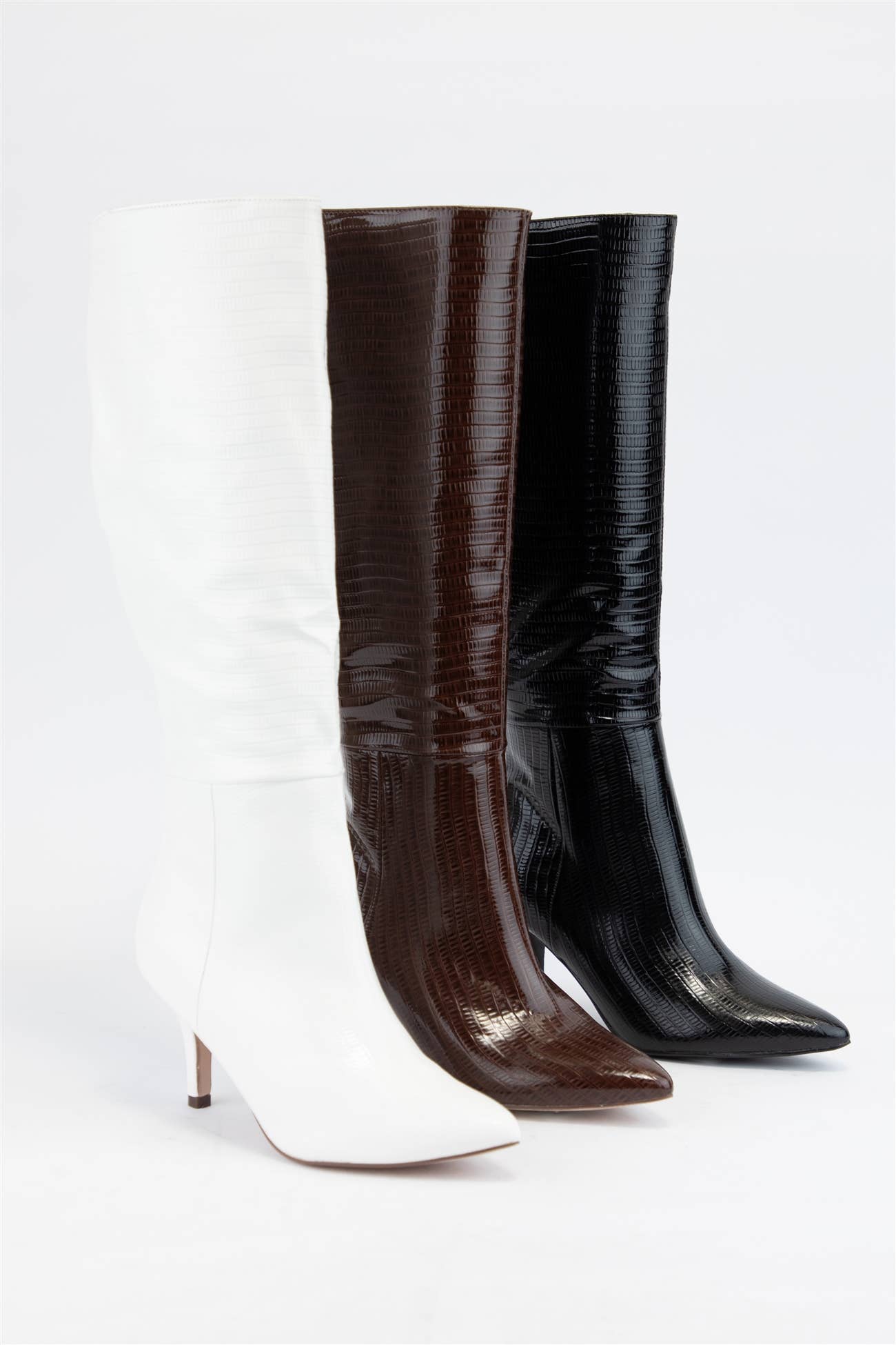 Croc Pattern Patent Finished Pointed Heel Boot