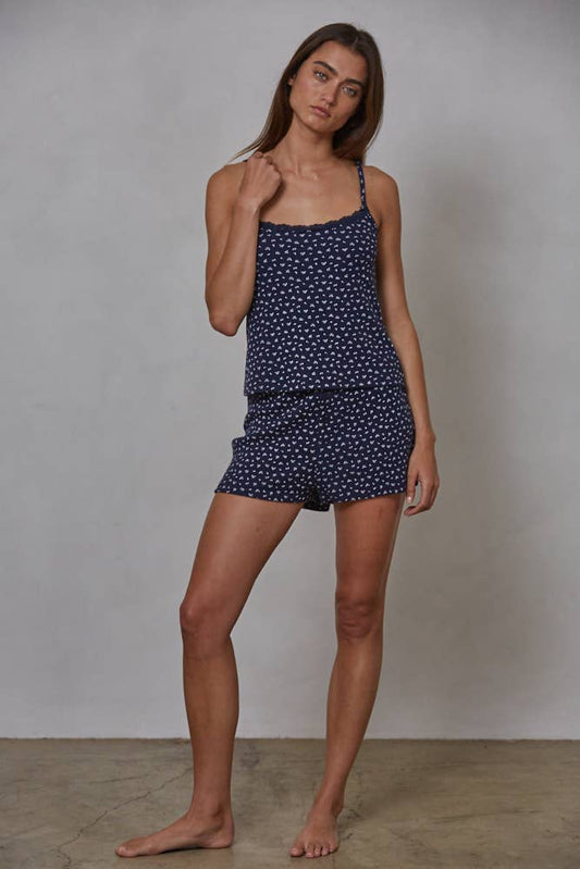 Navy Floral Print Waffle Shorts