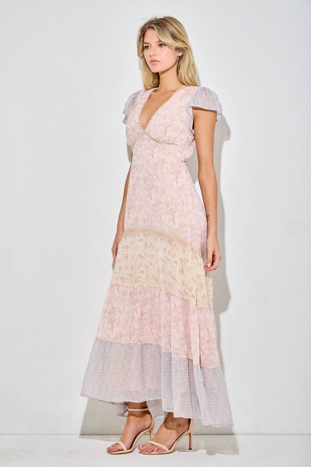 Deep V Print Lace Maxi dress