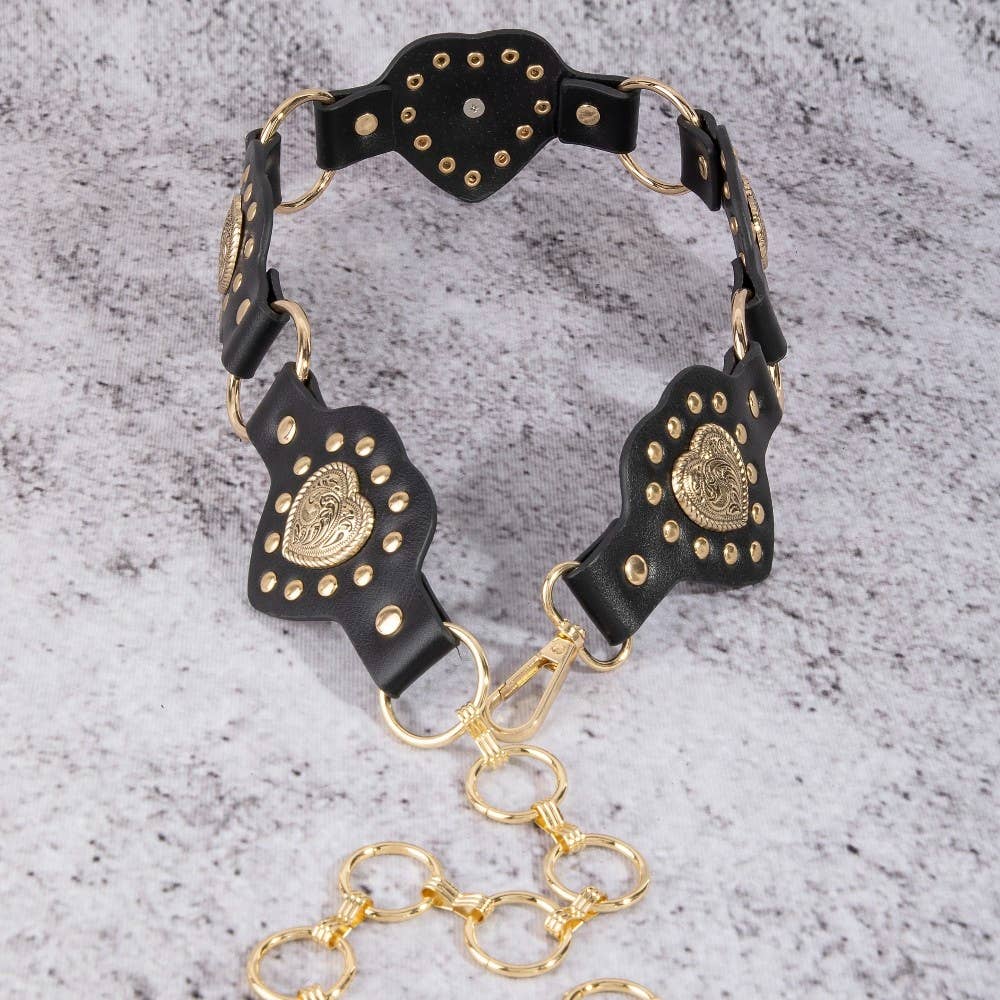 Filigree Heart Faux Leather Panels Chain Belt