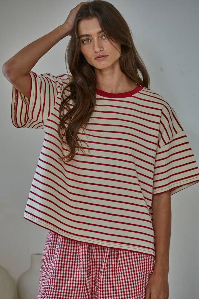 Cotton Striped Short Sleeve Crew Neck Top