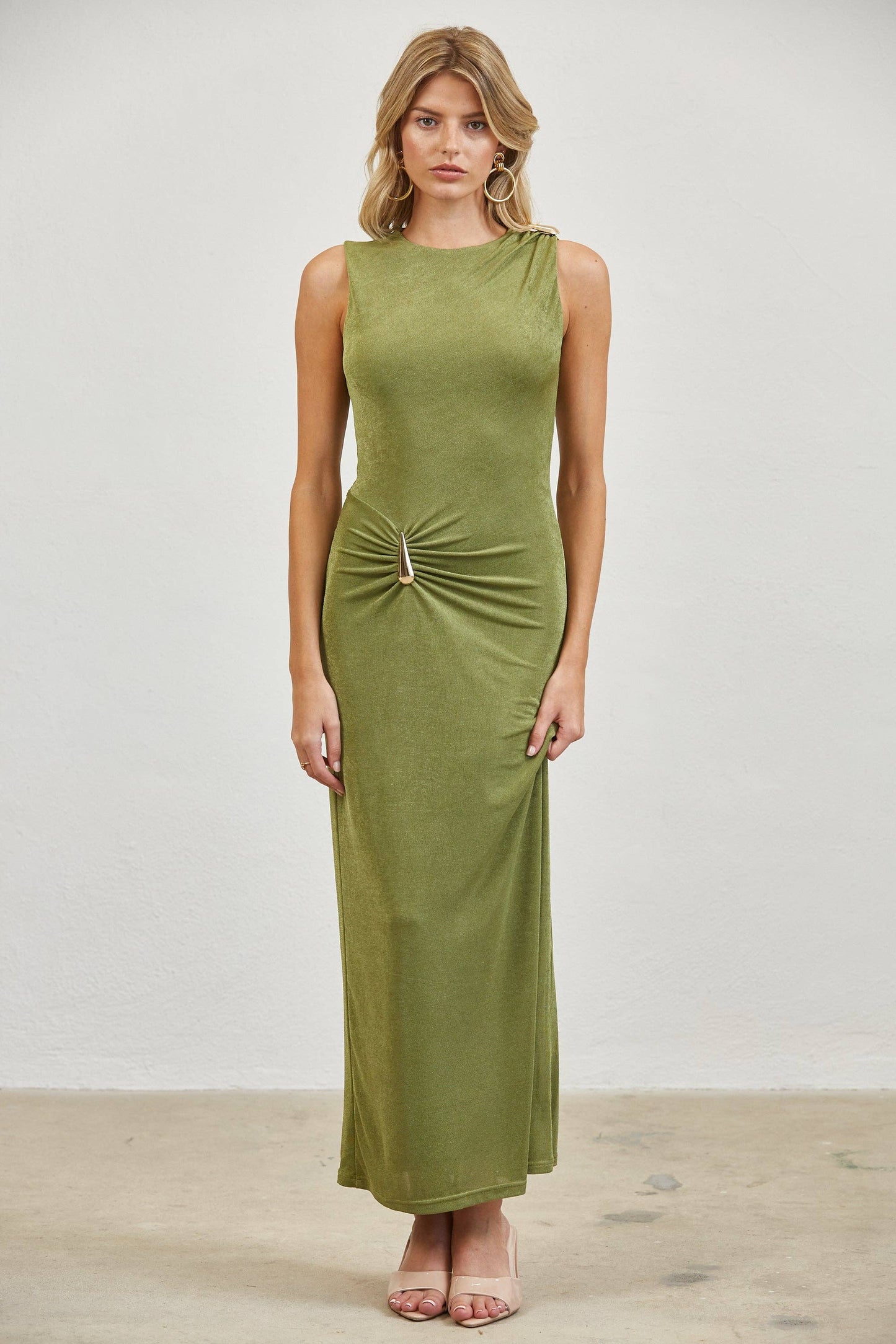 Gold Accent Ruched Slinky Maxi Dress