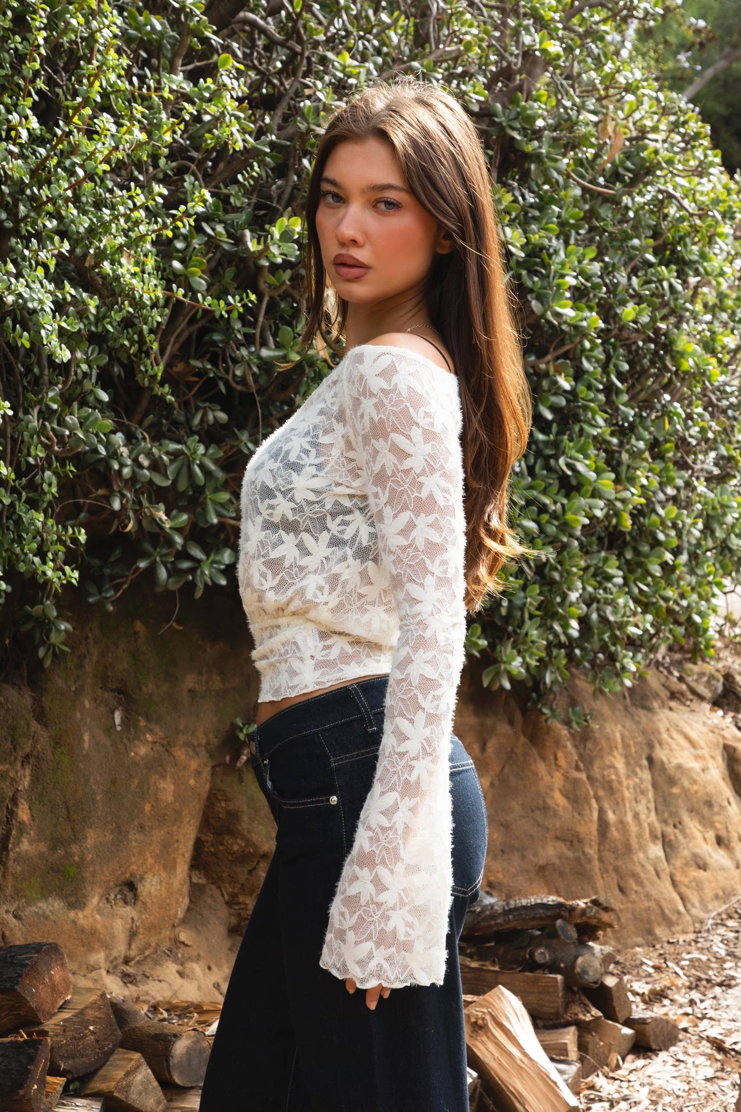 Maple Leaf Lace Boat Off-Shoulder Long Sleeve Top
