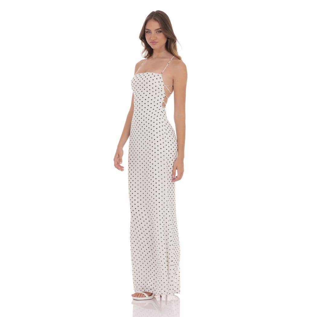 Polka Dot Open Back Maxi Dress in White