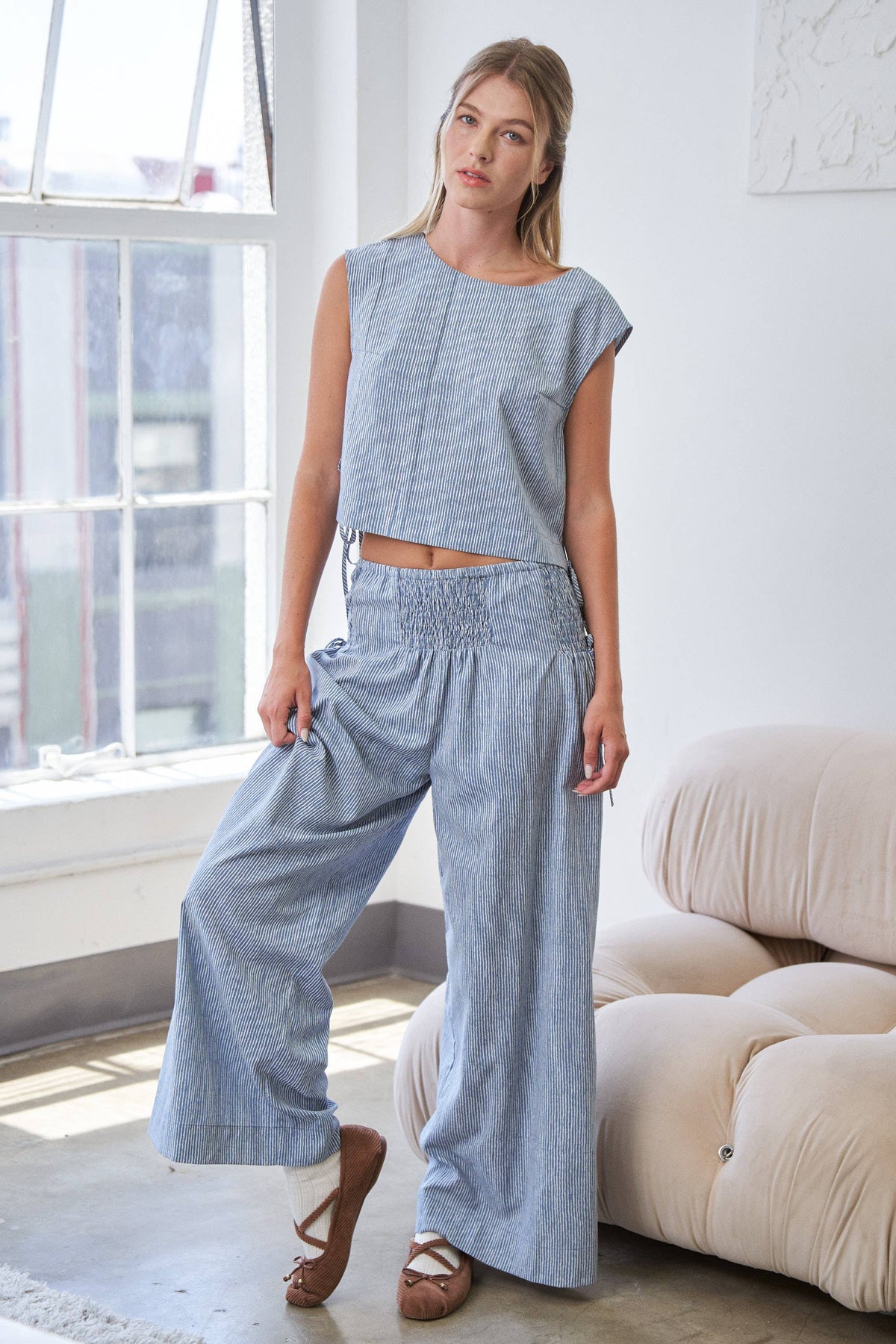 Striped Wide Leg Smocked Pants