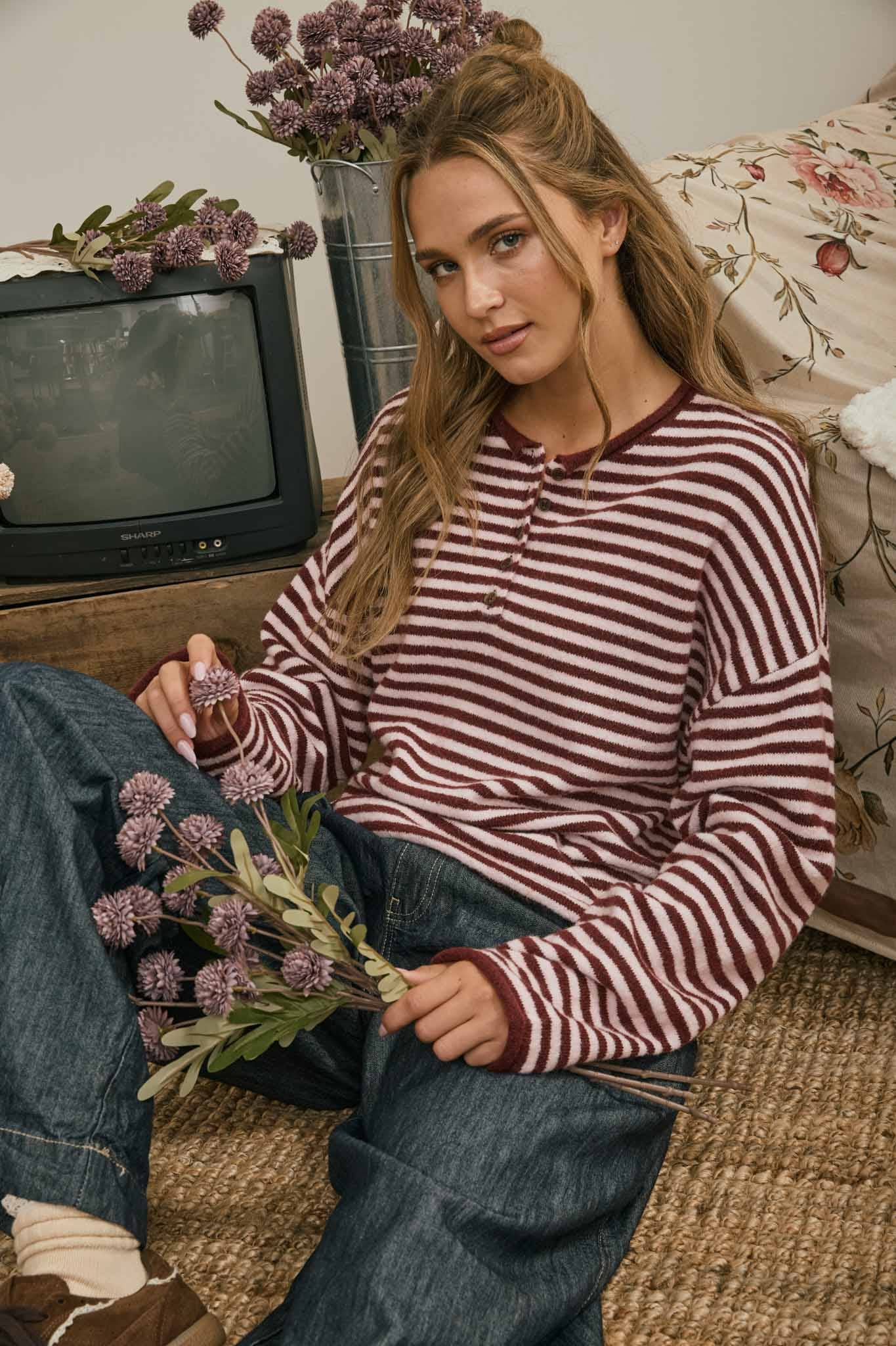 Henley Striped Sweater