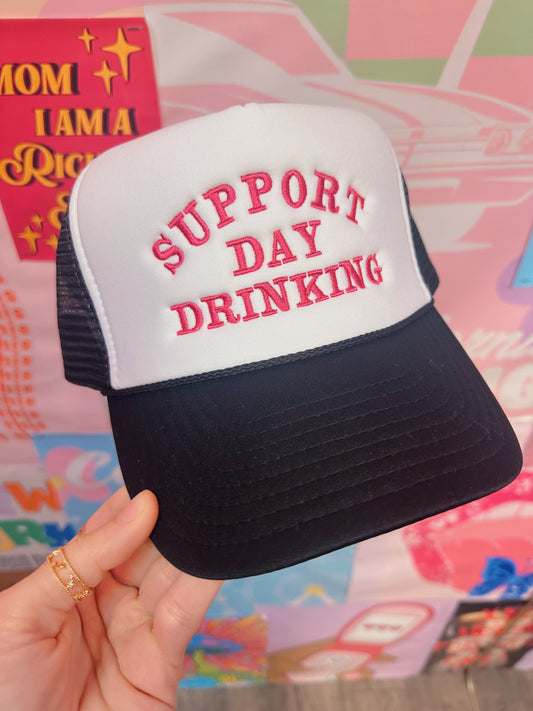 Support Day Drinking Trucker Hat: Black/Pink