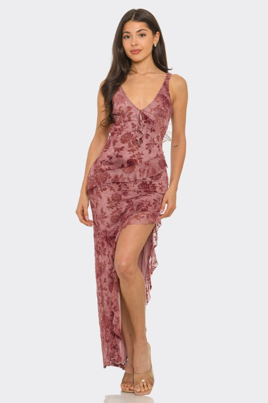 Ruffle Trim Slit Front Maxi Dress