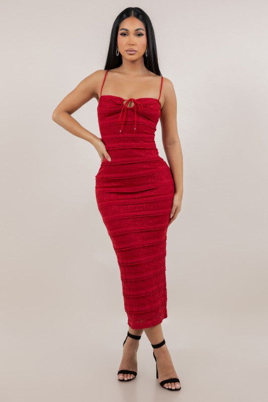 Red Ruched Bodycon Midi Dress
