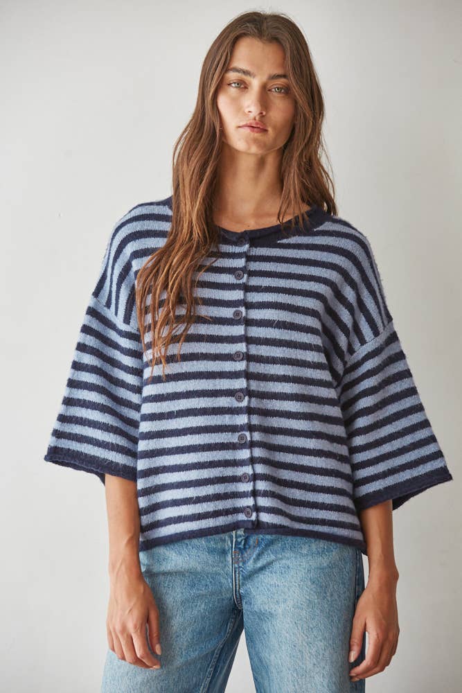 Knit Sweater Striped Quarter Sleeve Cardigan