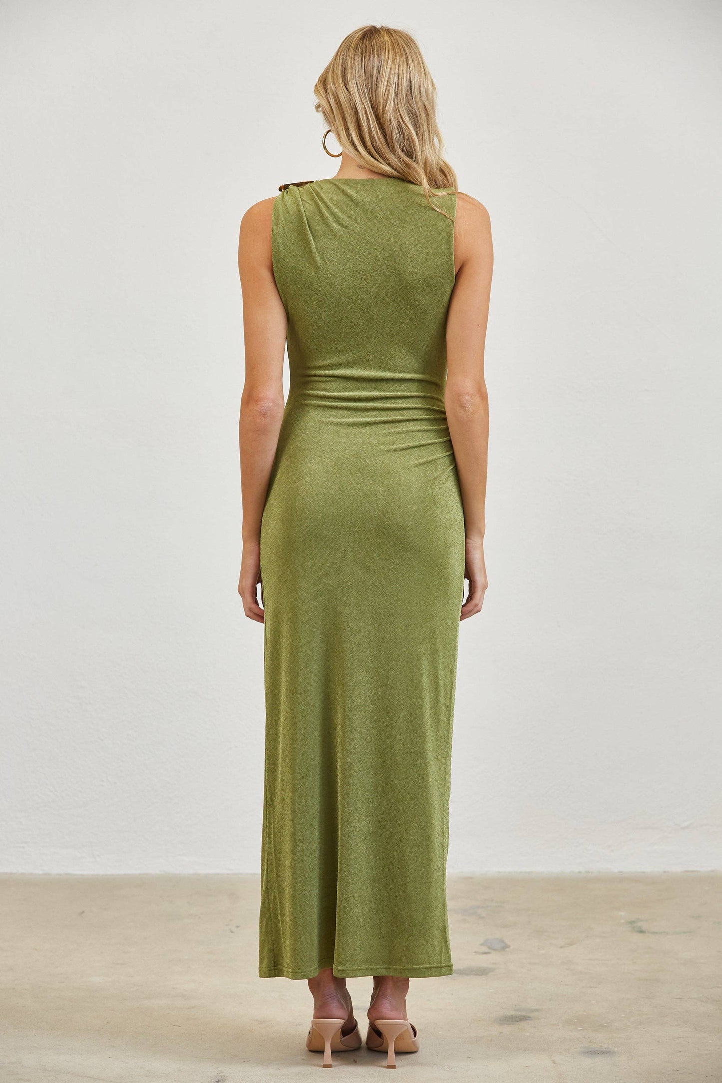 Gold Accent Ruched Slinky Maxi Dress