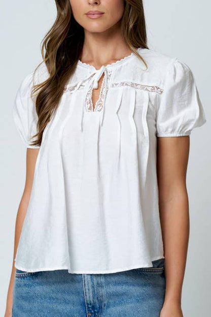 EMBROIDERED LACE TRIM PINTUCK DETAIL TOP