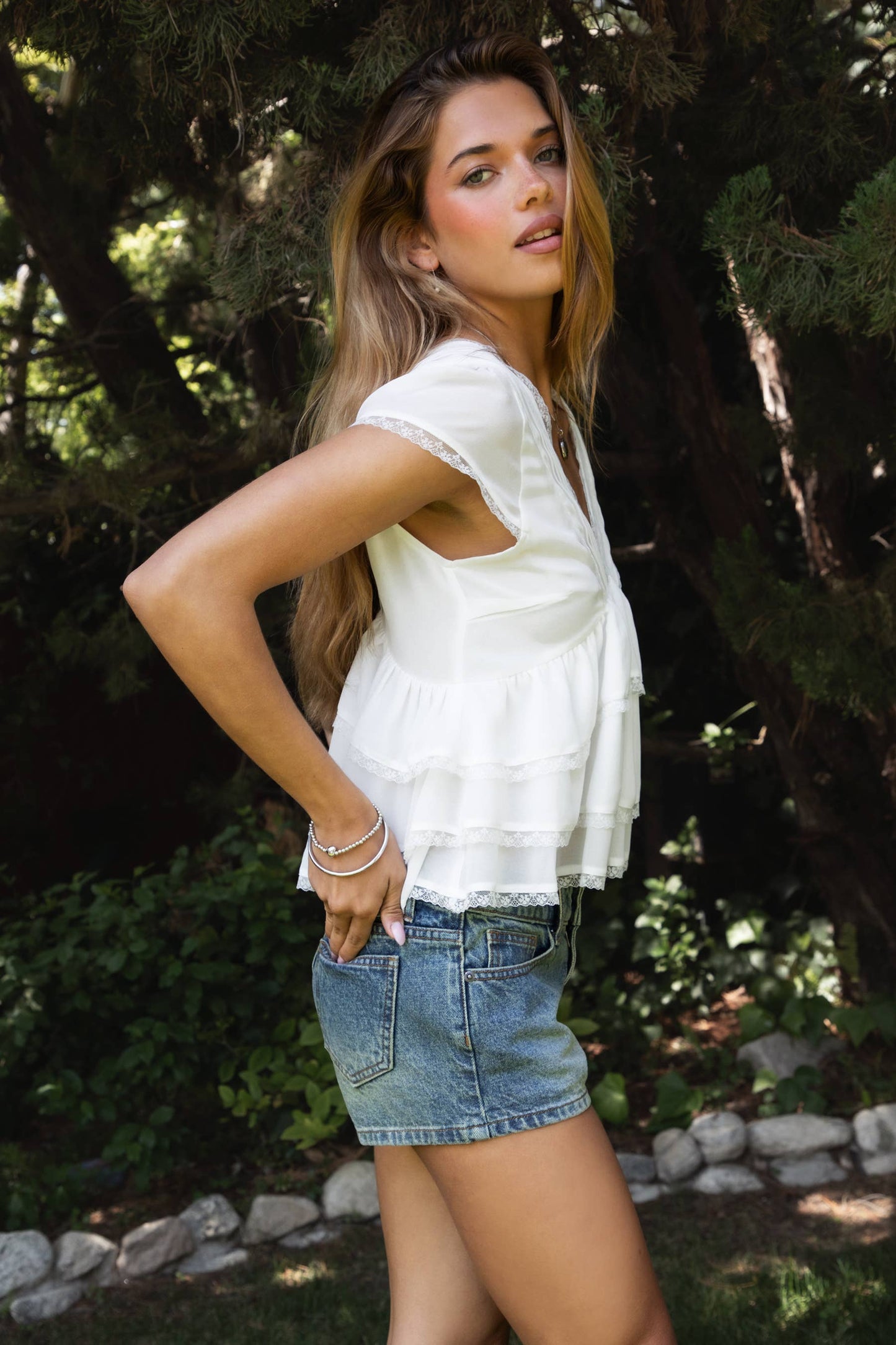 JULIETTE V Neck Tiered Ruffle Top