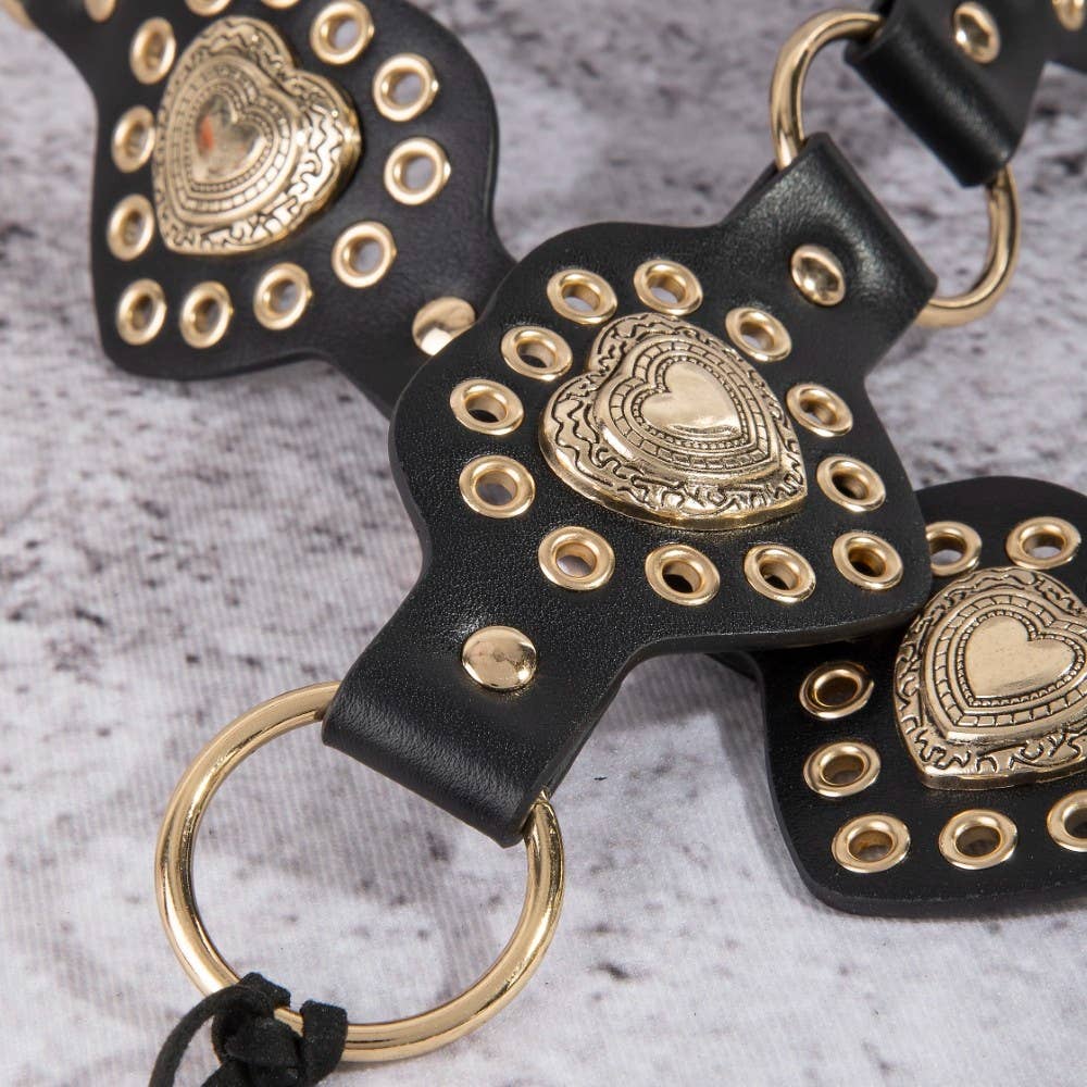 Intricate Heart Faux Leather Panels Chain Belt