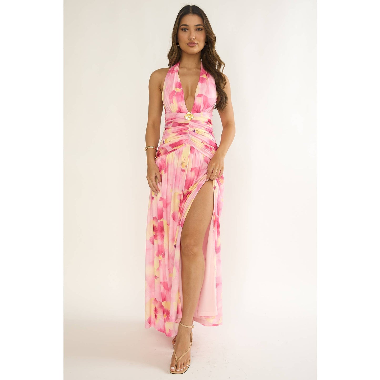 Sleeveless Halter Floral Open Back Maxi Dress