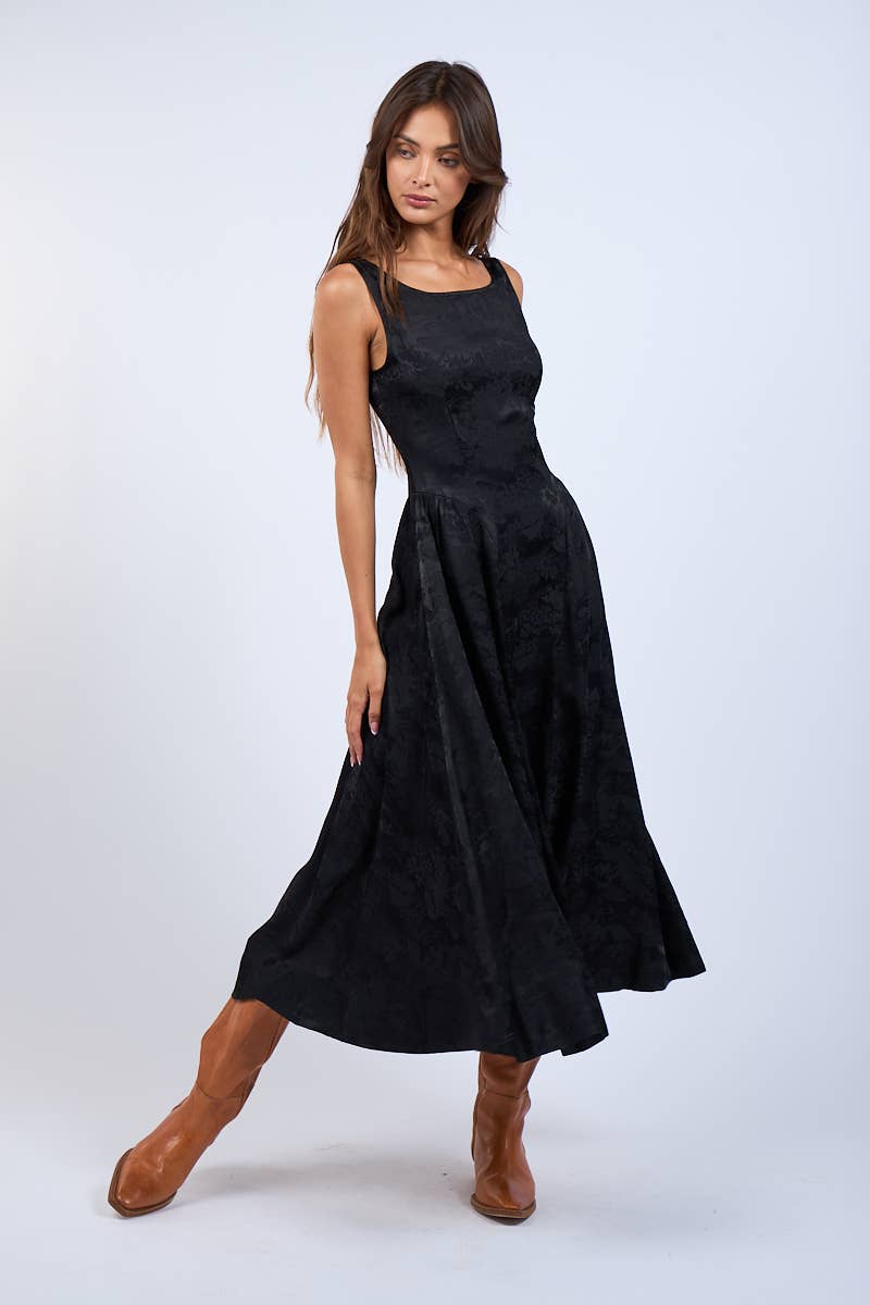 Satin Foral U-Shape Boat Neck Flare Midi Dress