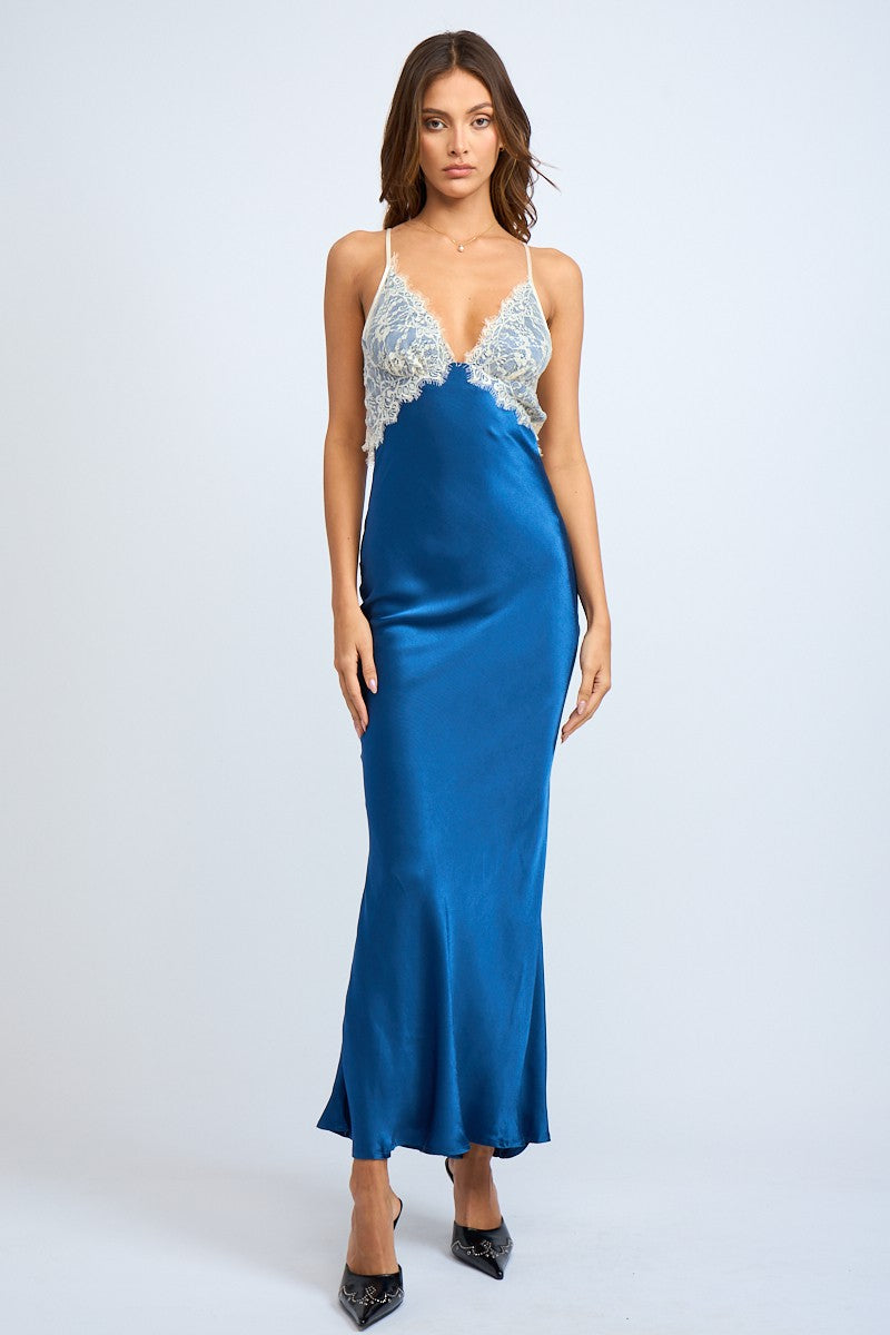 Blue Satin Maxi Dress