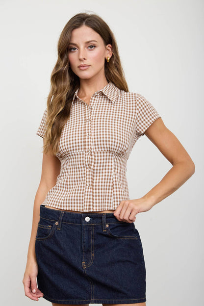GINGHAM COLLARED SHORT SLEEVE TOP