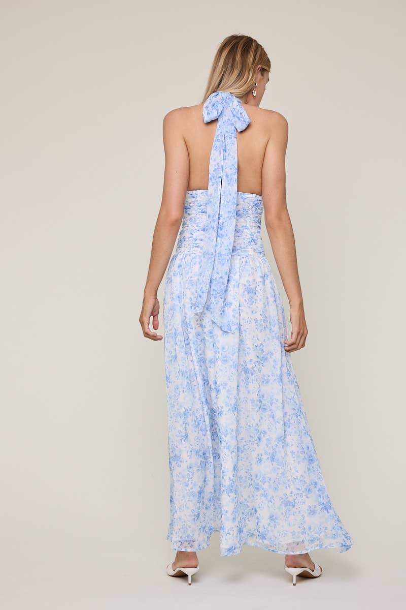 FLORAL CHIFFON HALTER MAXI DRESS