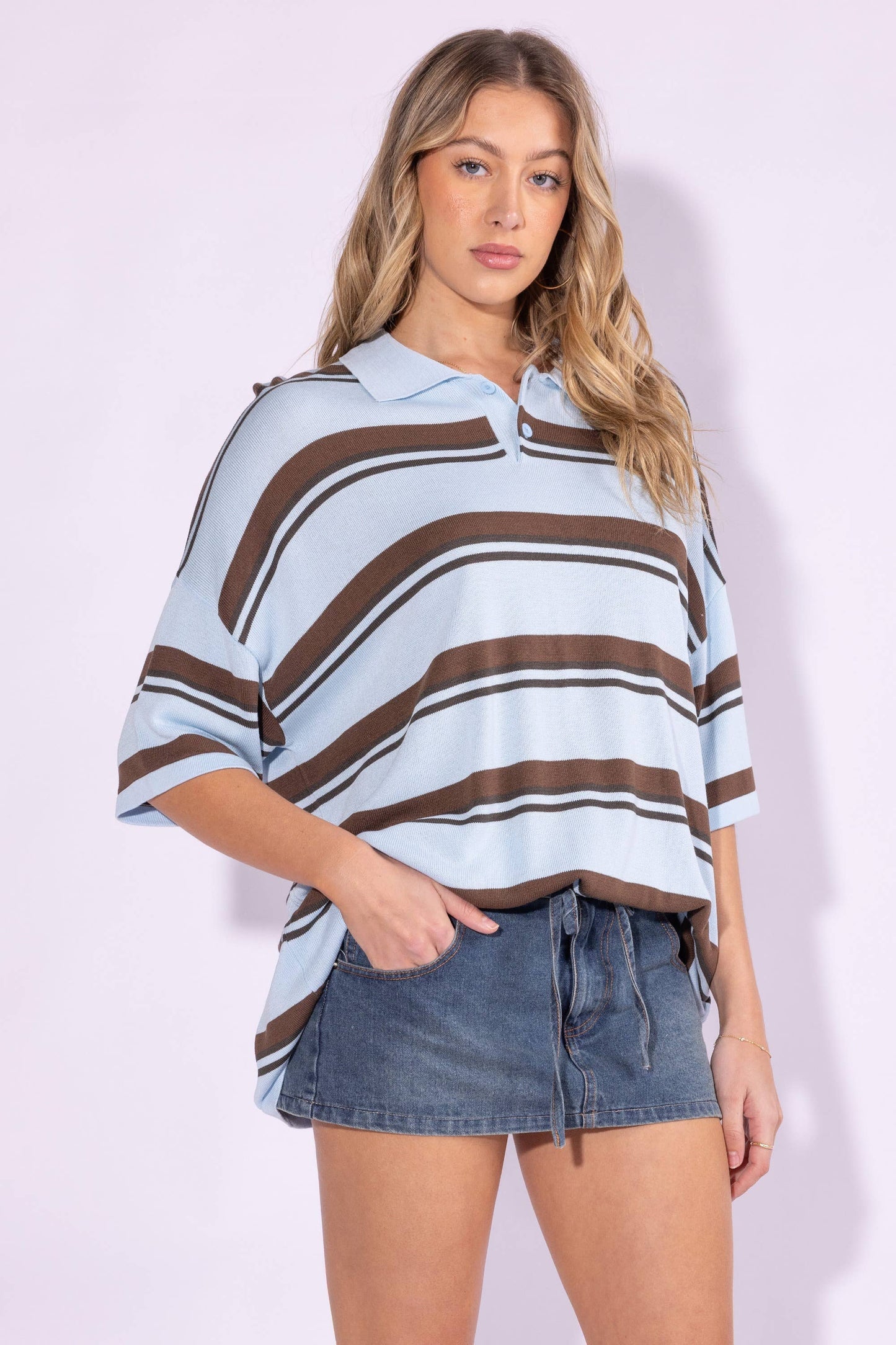 Striped Button Front Short Sleeve Sweater