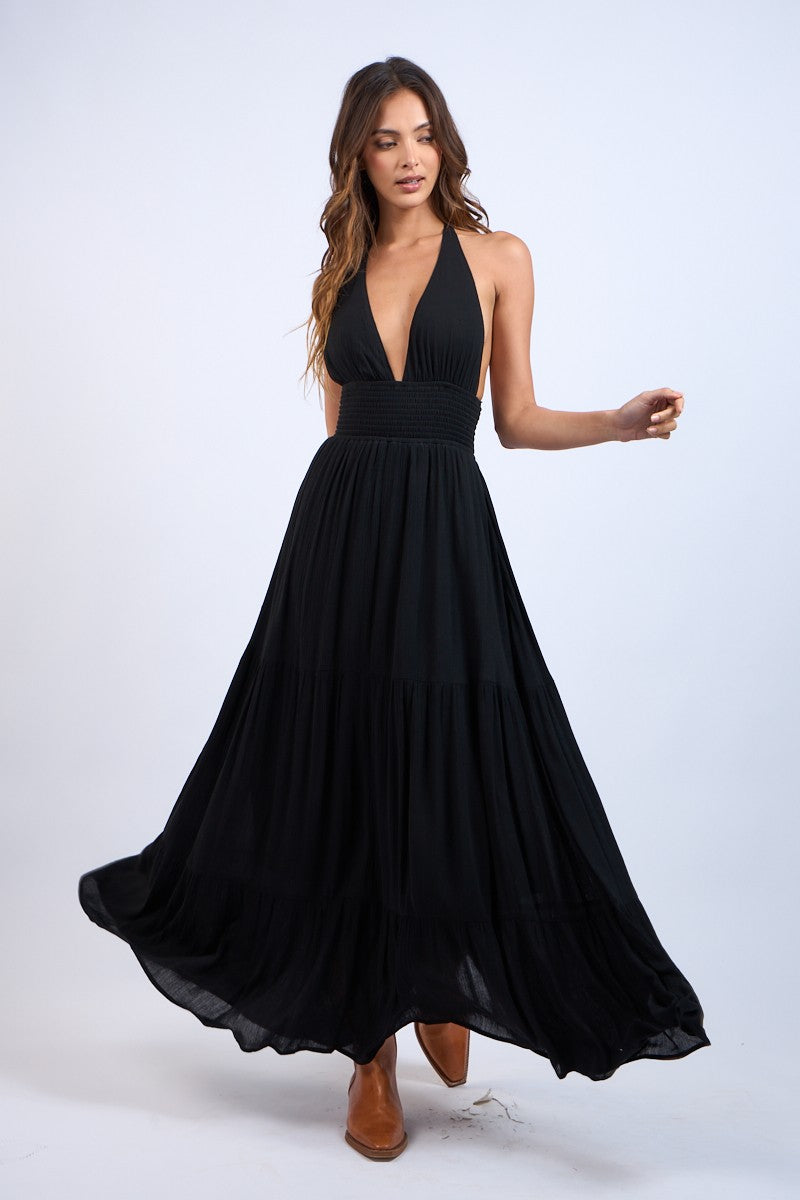 Halter Plunging V-Neck Maxi Dress