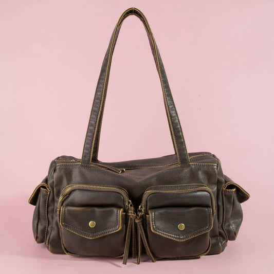 Multi Pocket Textured Leather Shoulder Bag