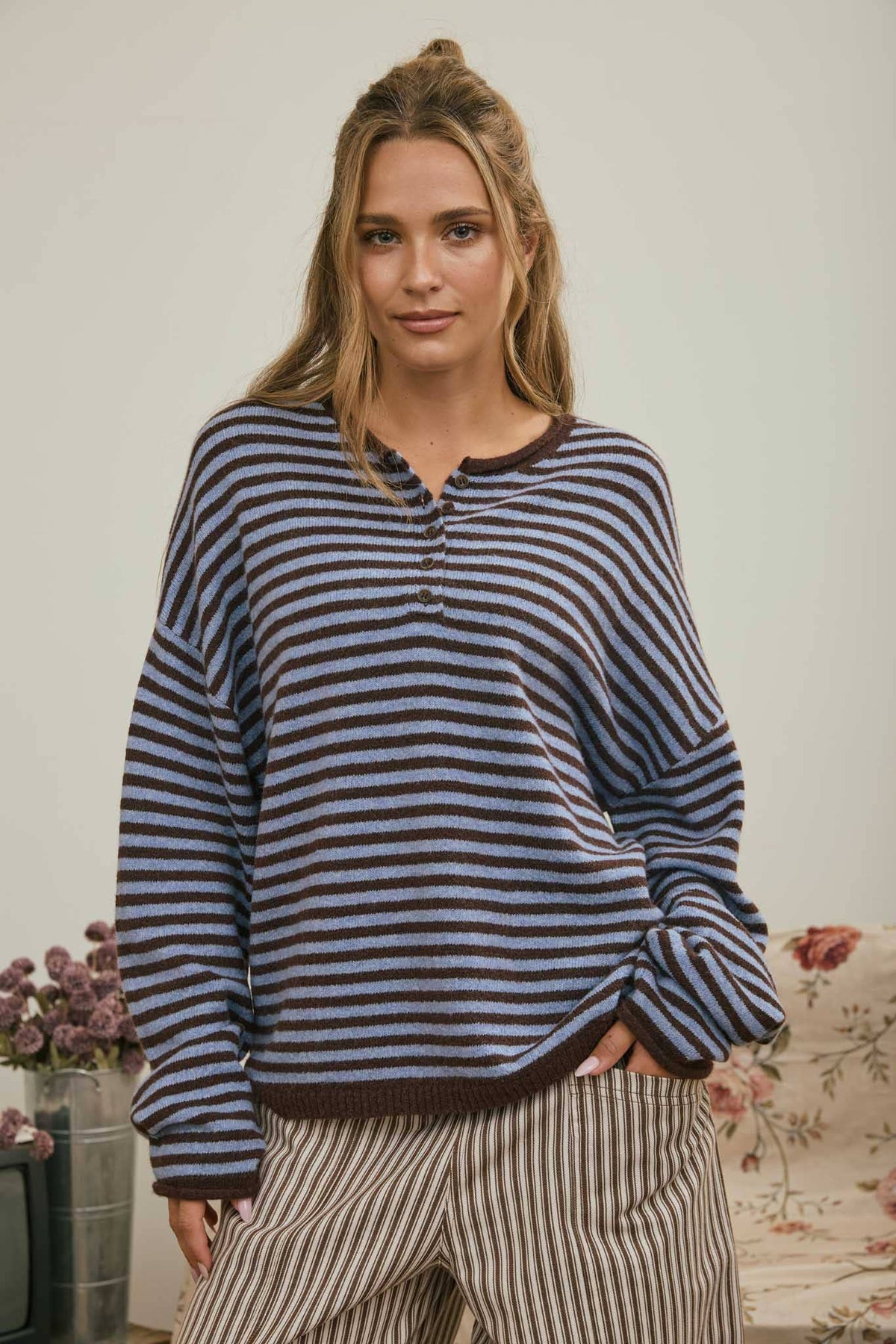 Henley Striped Sweater