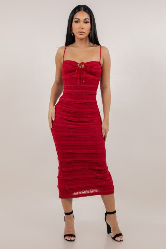 Red Ruched Bodycon Midi Dress
