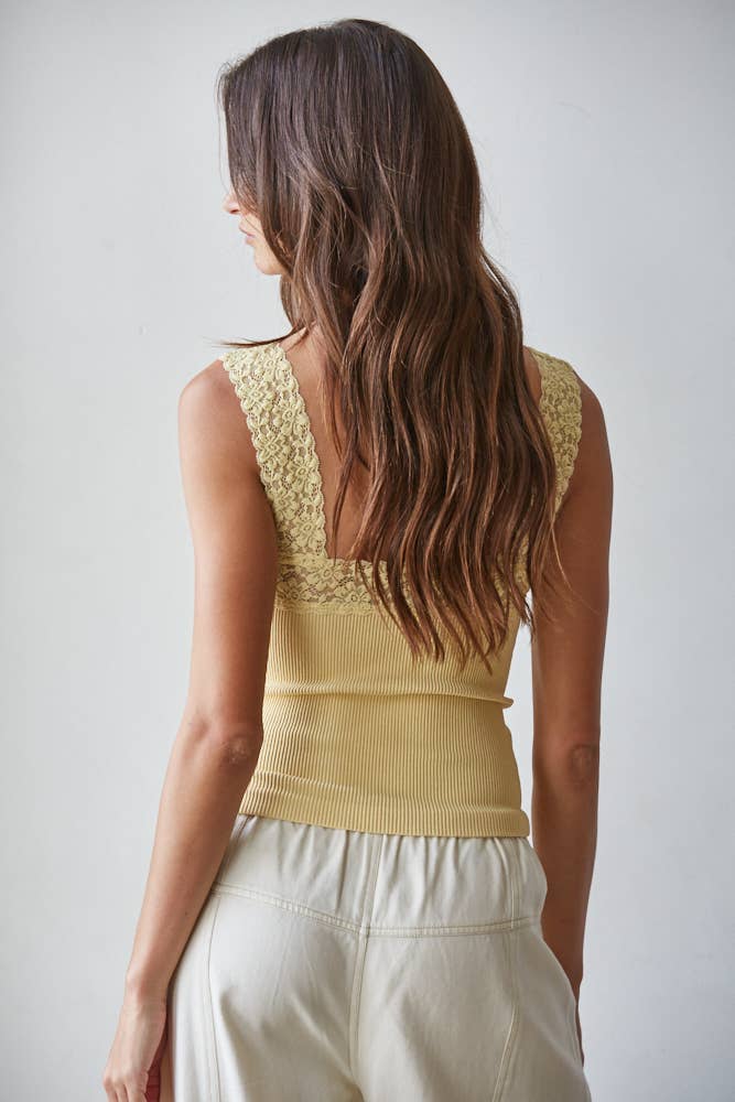 Knit Seamless Ribbed Tank Top with Lace Trim