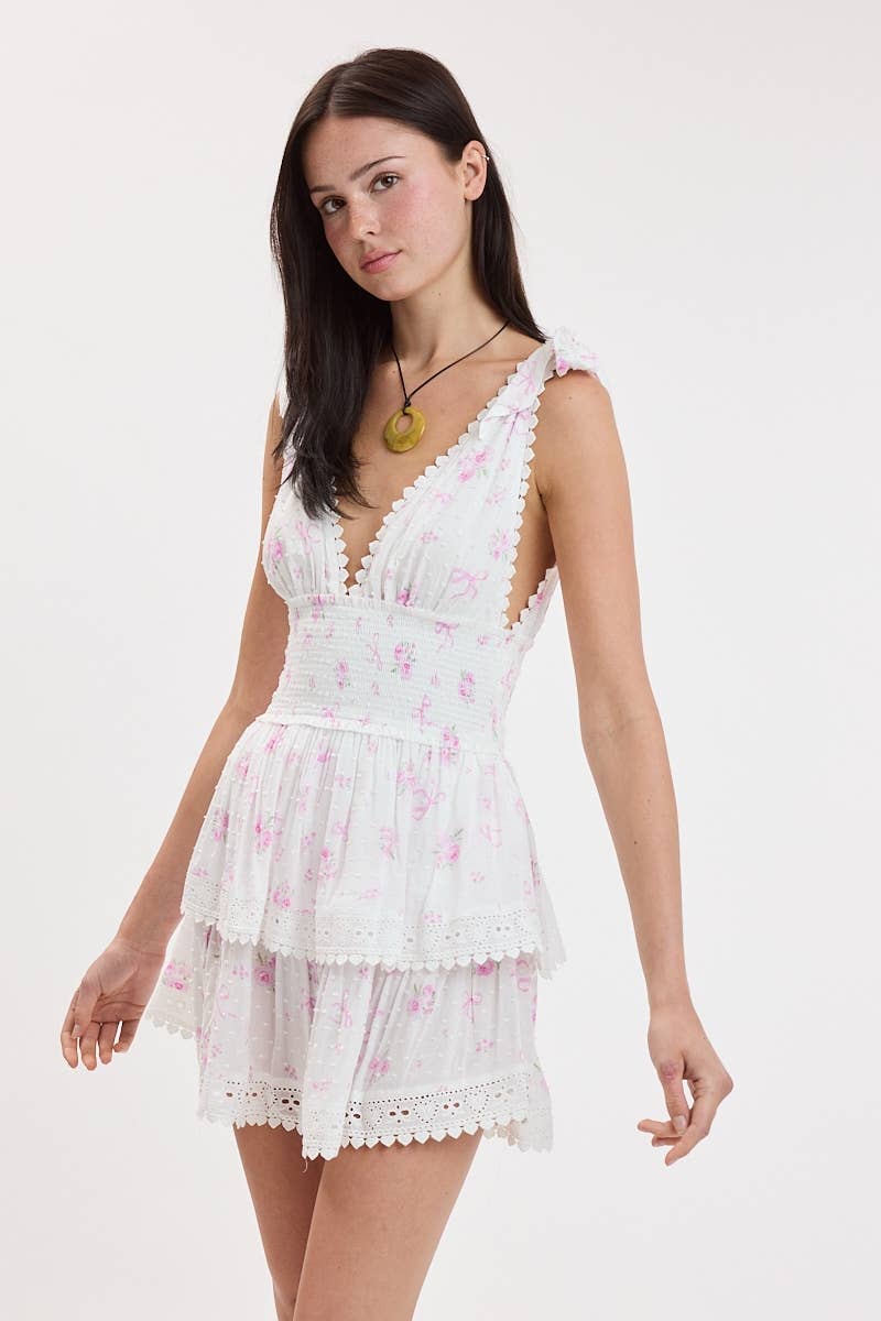 FLORAL TIE STRAP LAYERED LACE MINI DRESS