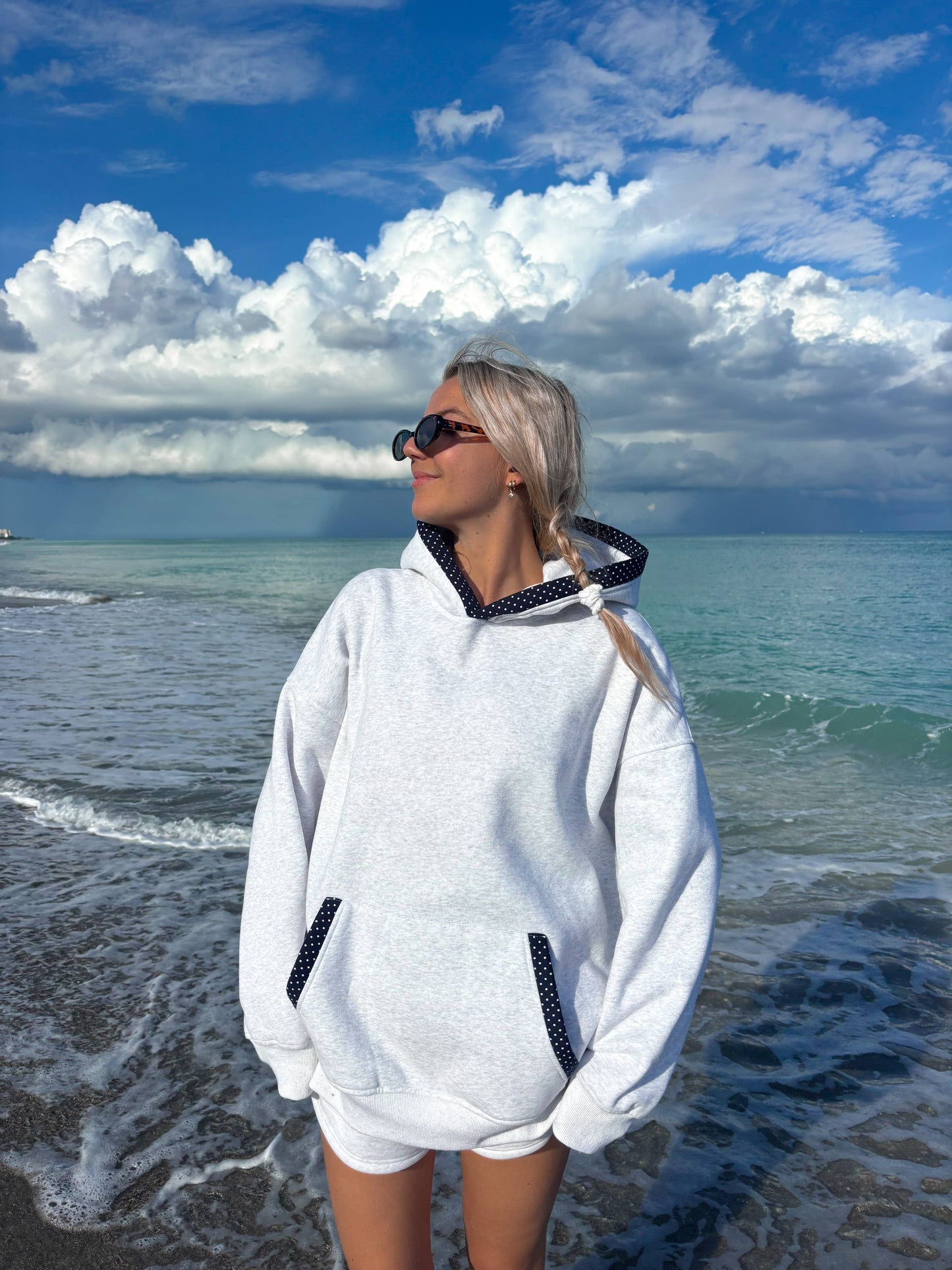 Pearl Grey Navy Blue Polka Dot Hoodie