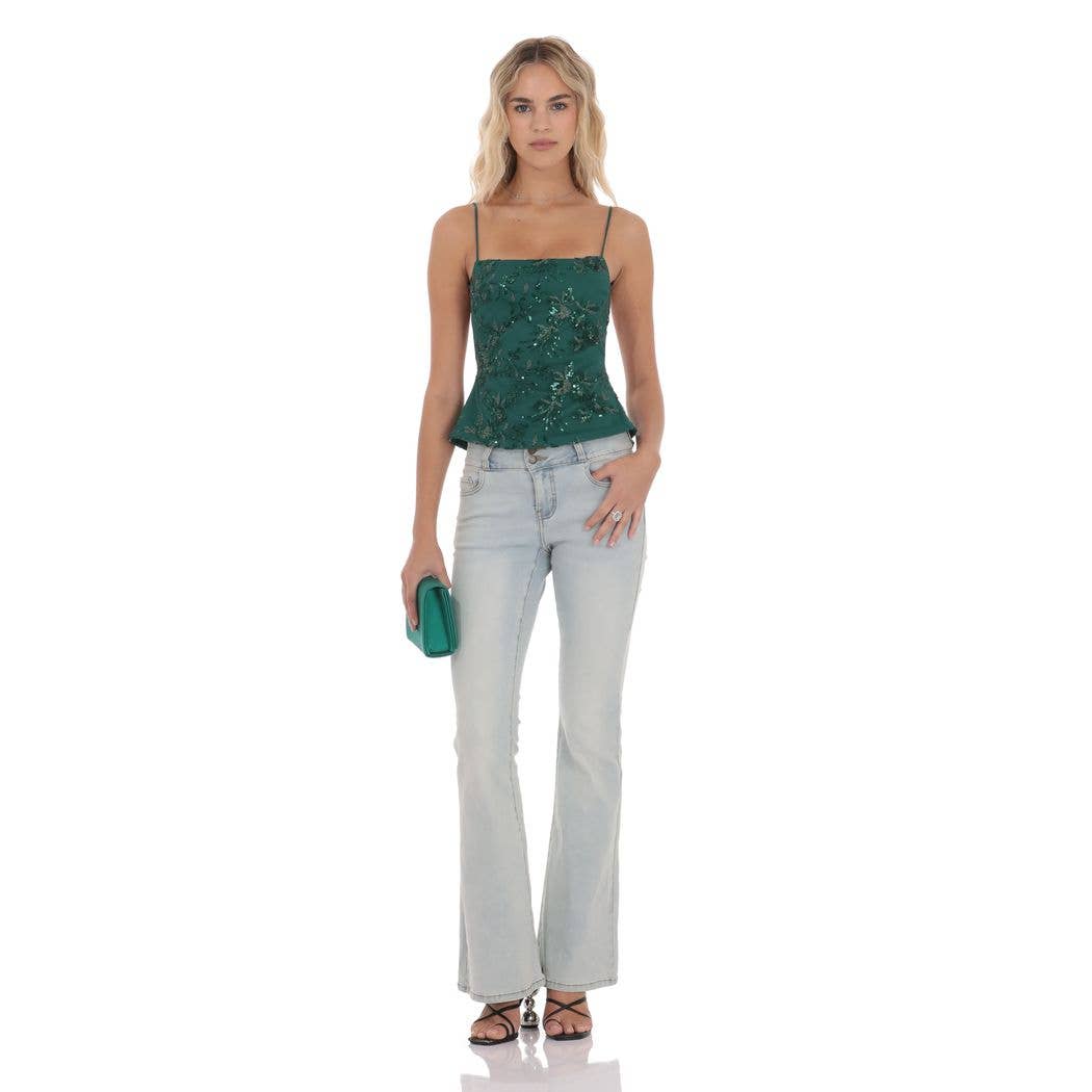 Embroidered Sequin Open back Top in Green