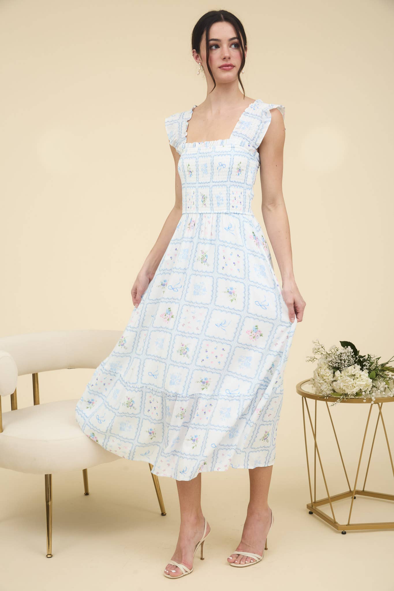 Blue Floral Square Neckline Dress