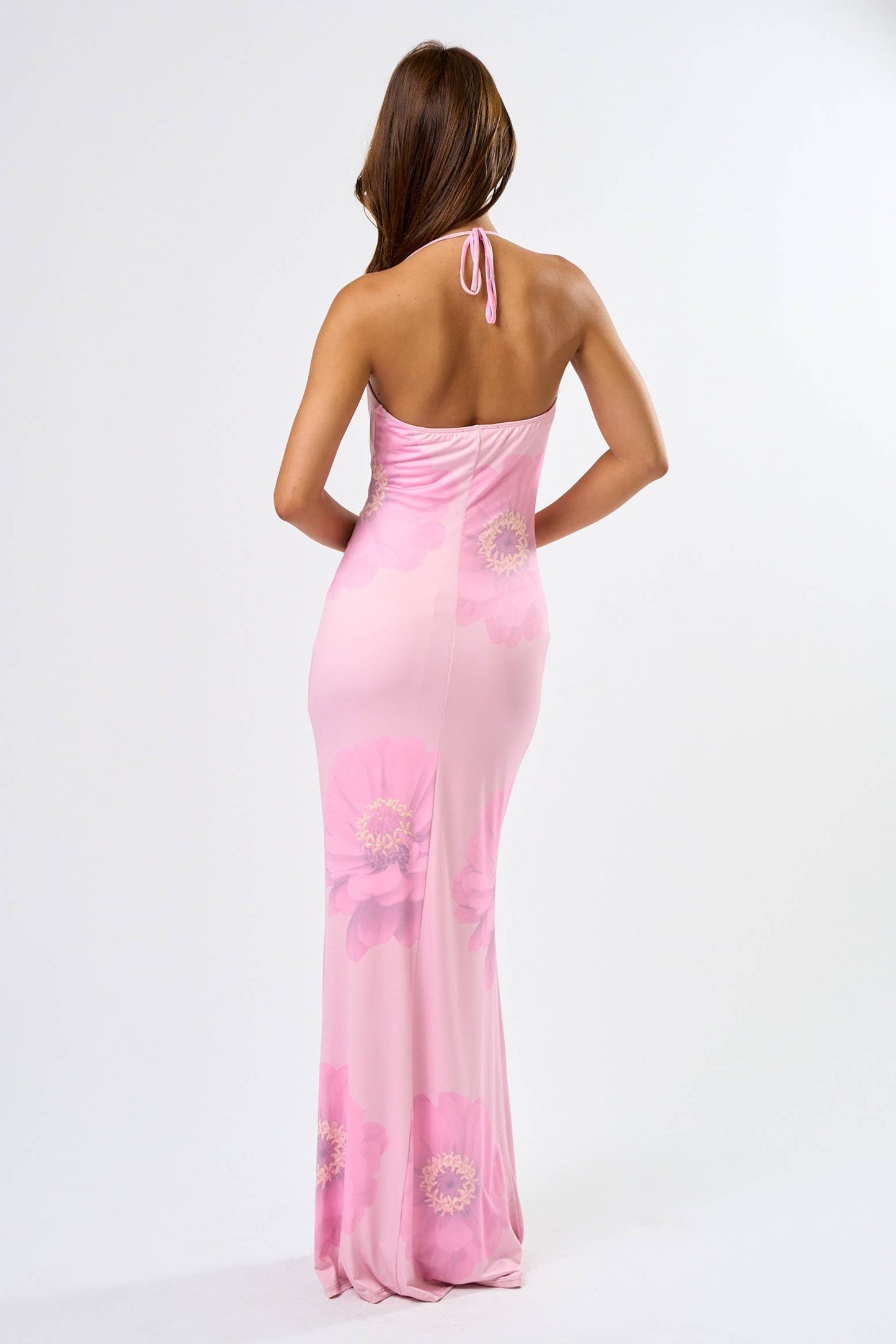 Pink Halter Floral Print Dress