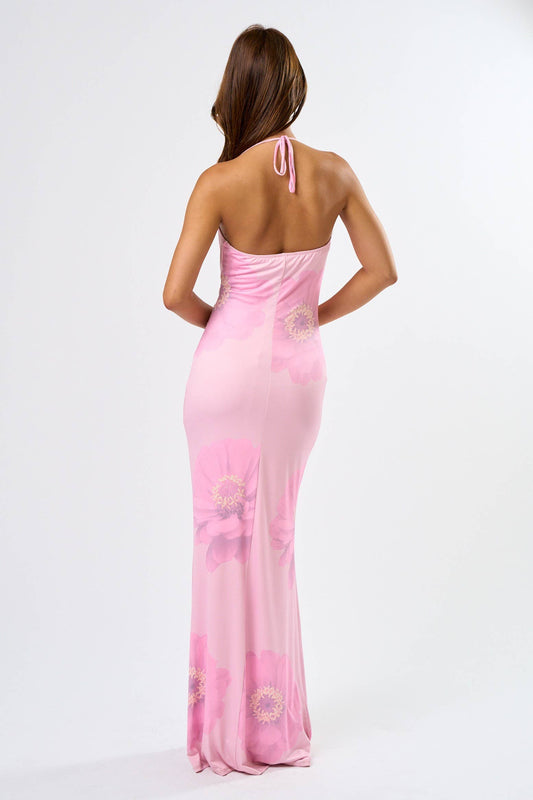Pink Halter Floral Print Dress