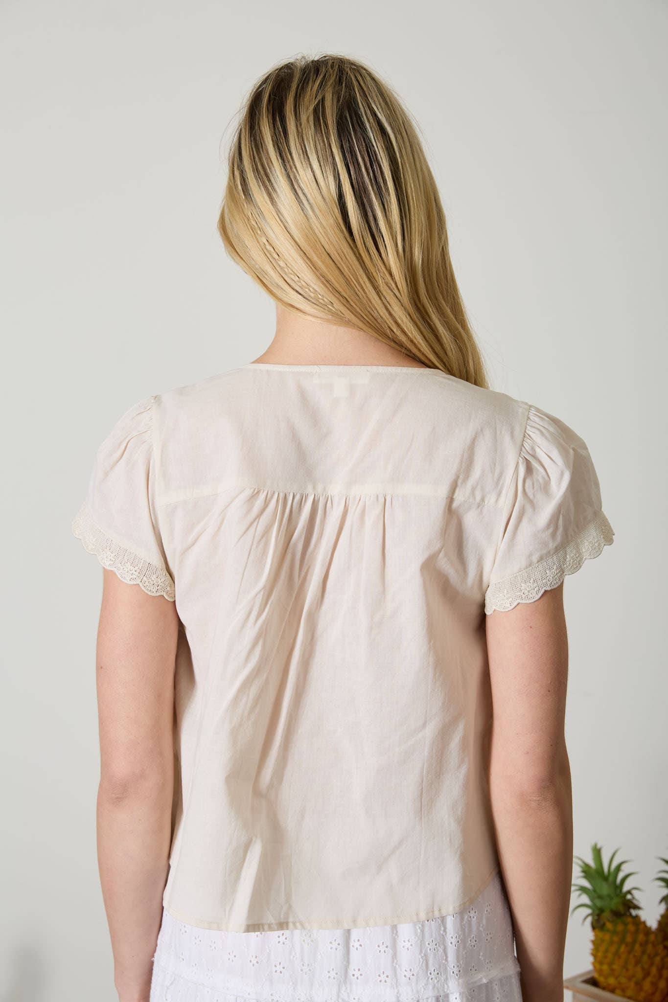 SCALLOPED EMBROIDERED FRONT TIE LACE TOP