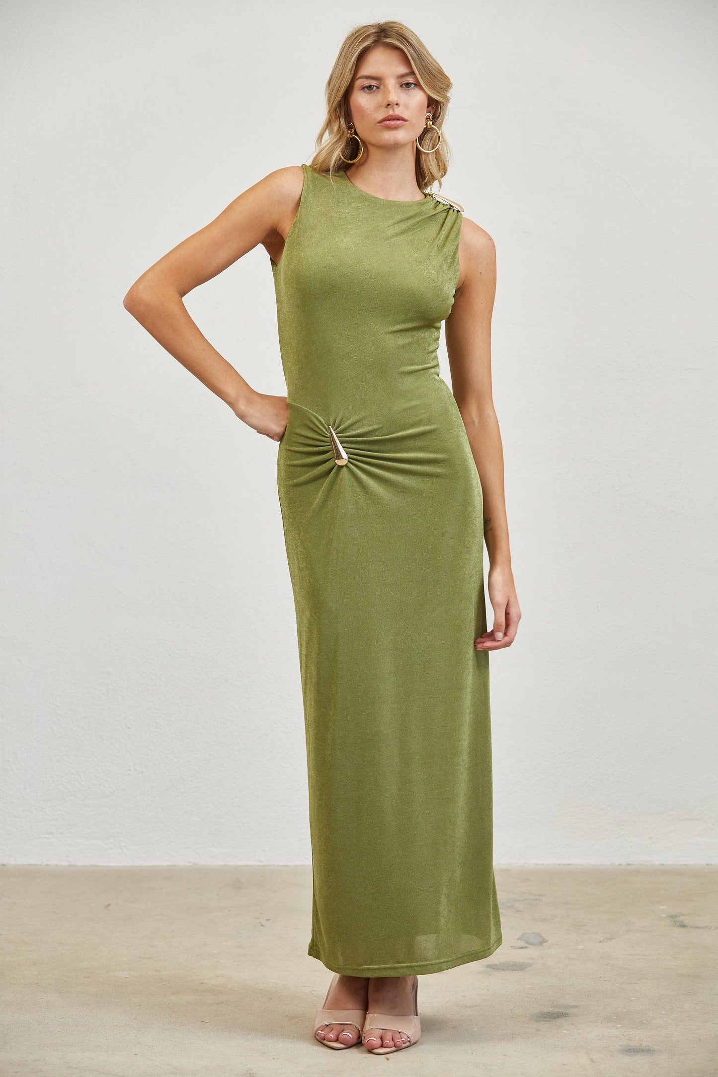 Gold Accent Ruched Slinky Maxi Dress