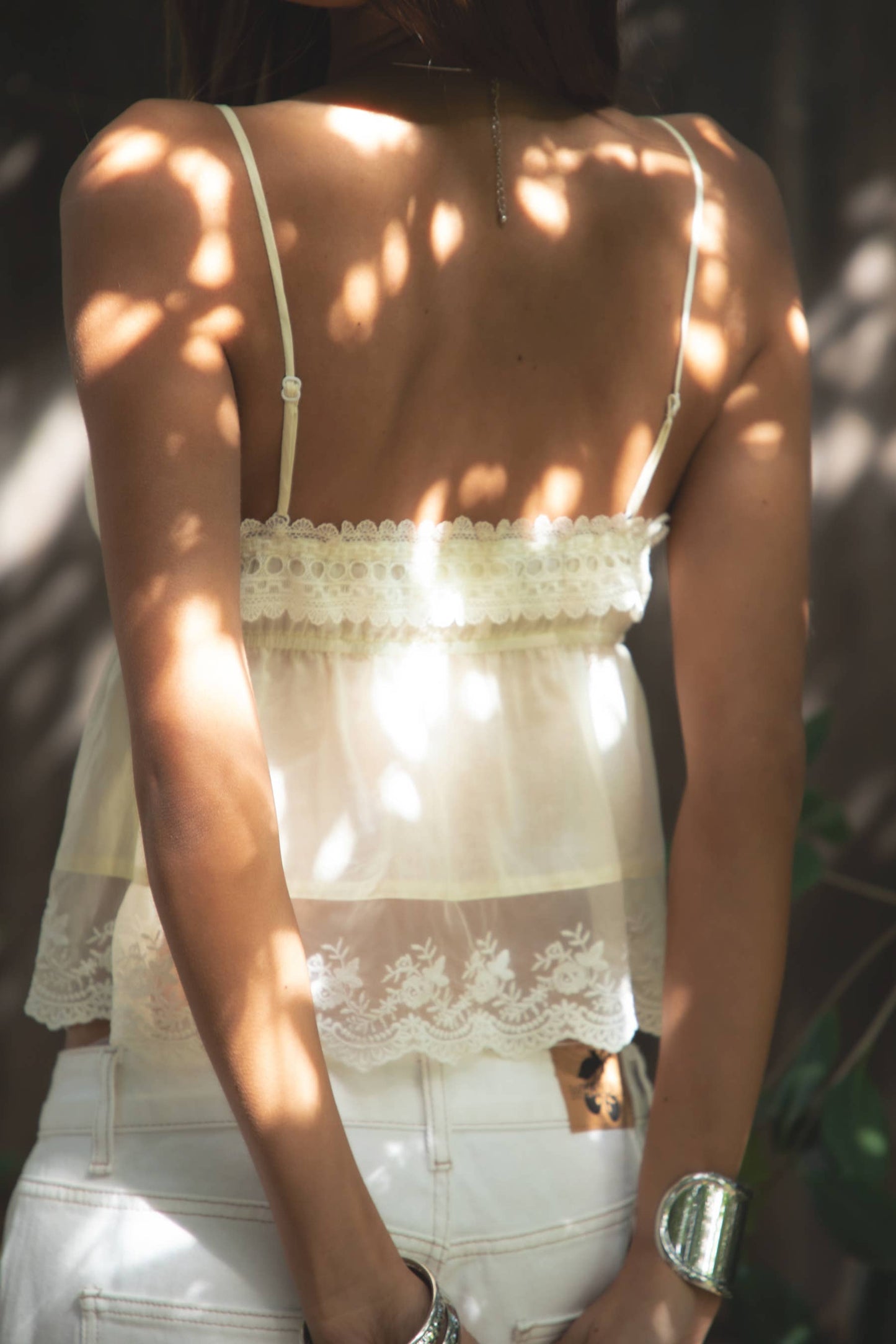 Babydoll Embroidered Mesh Lace Trim V-Neck Cami Top
