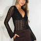 Scalloped V-Neck Long Sleeves Sheer Lace Top