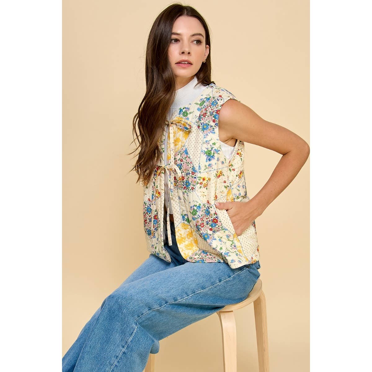 Multi Flower Quilted Vest with Front Ribbon