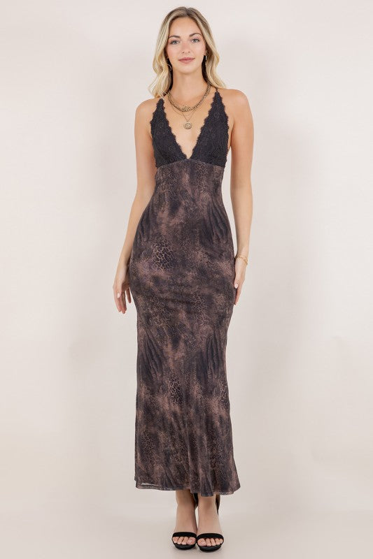 Animal Print Lace Contract Open Back Maxi Dress