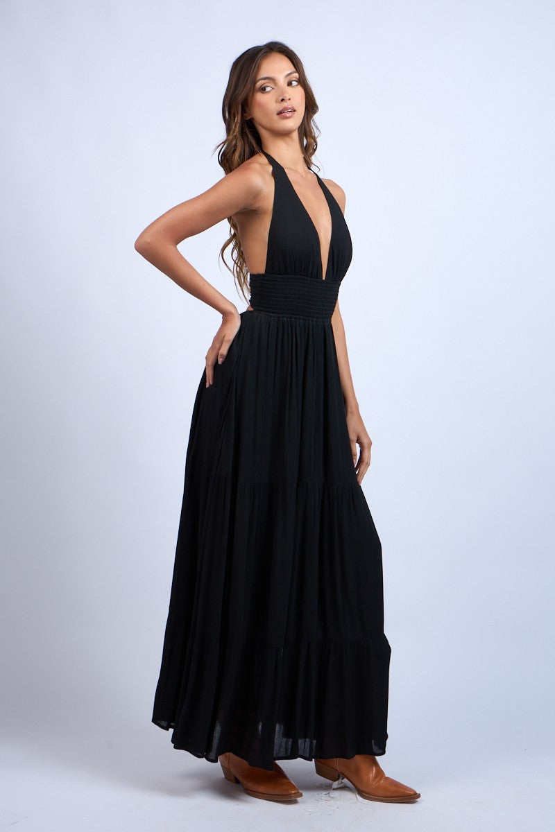 Halter Plunging V-Neck Maxi Dress