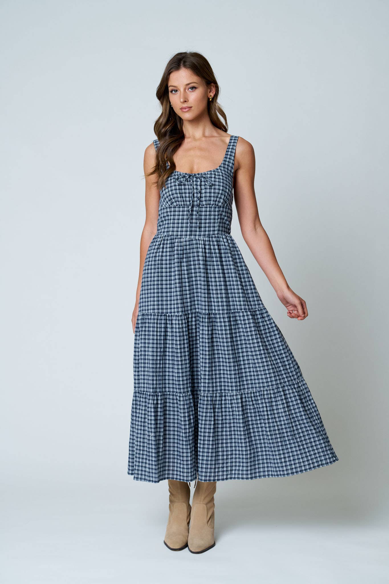Plaid Front Tie Corset Dress