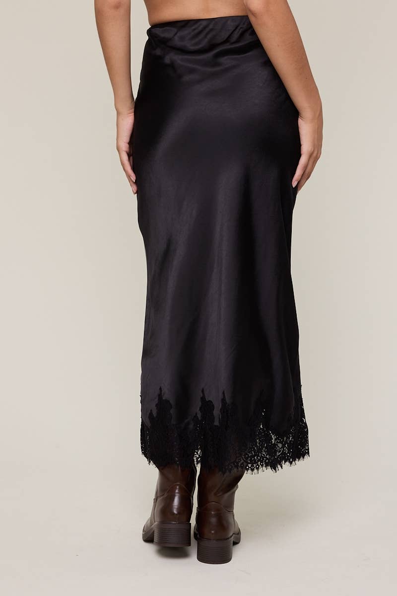Satin Mono Tone Elastic Waist Lace Midi Skirt