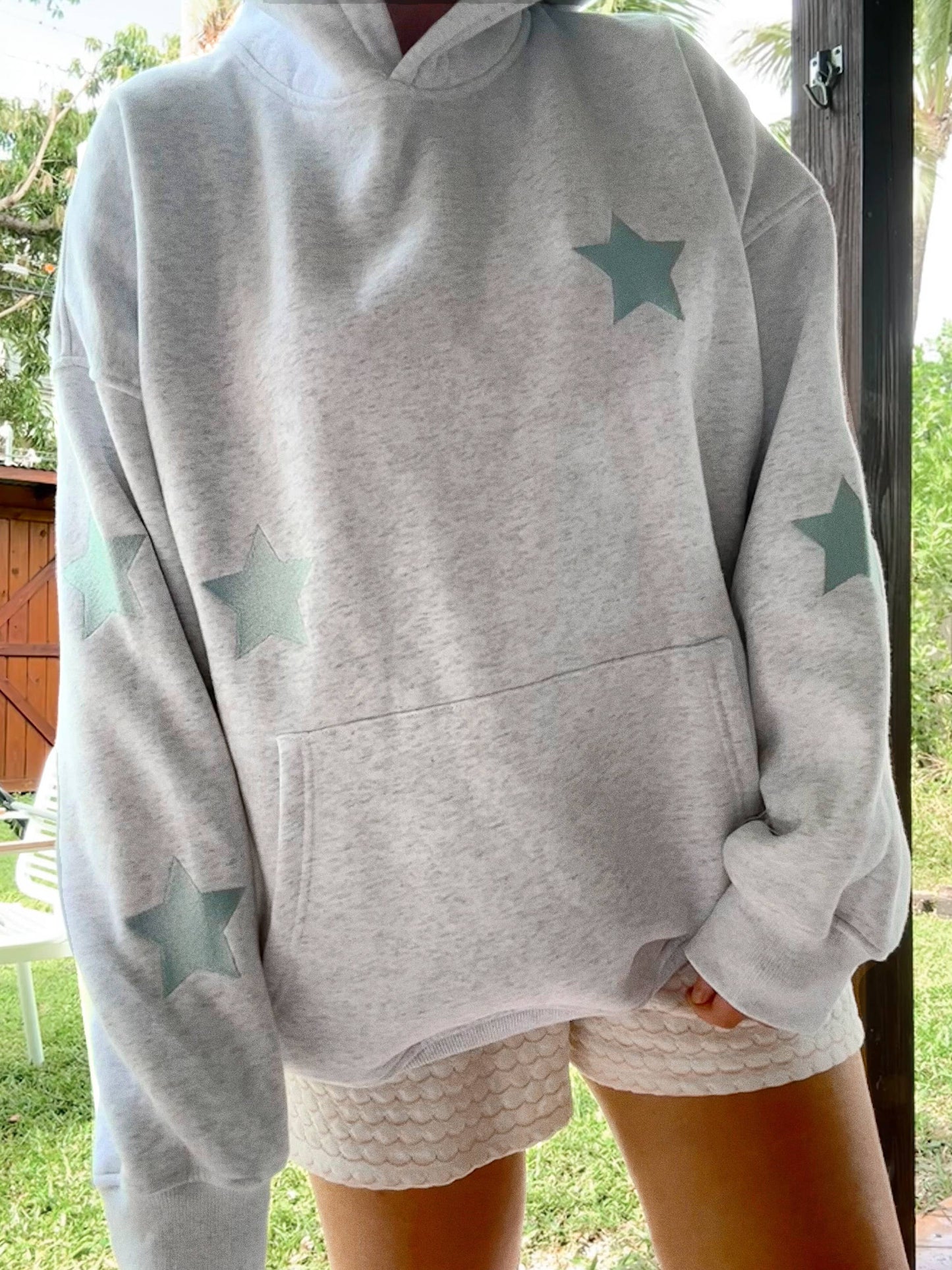 Grey Simple Embroider Star Hoodie