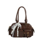Multi Pocket Faux Leather Hand Bag With Ribbon Bow Charm